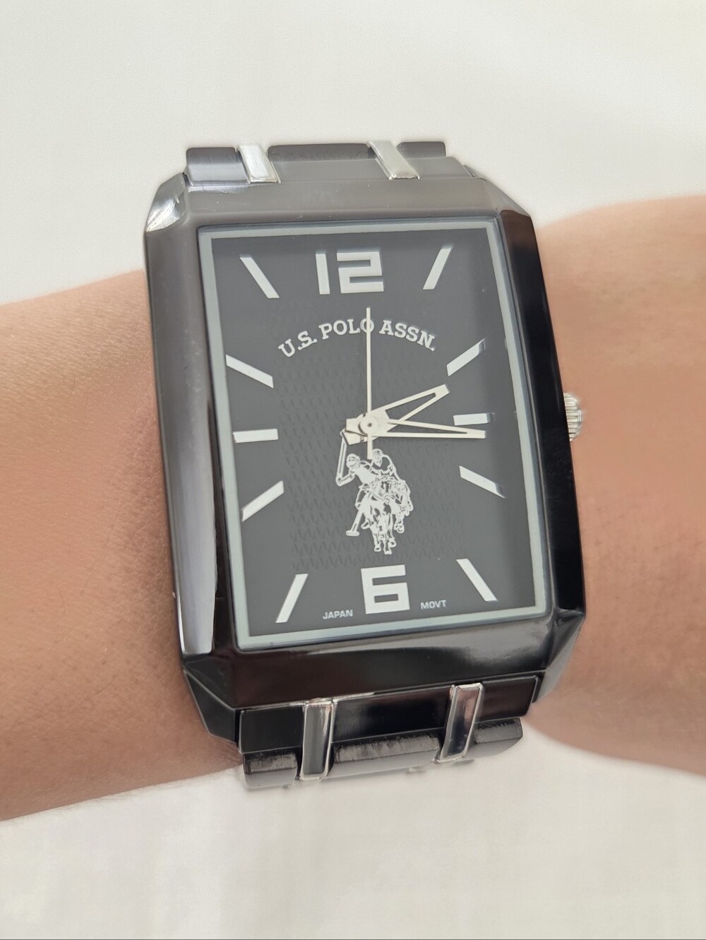 U.S. Polo Assn. Men’s Black Rectangular Watch + Jewelry Cleaner Polishing Cloth